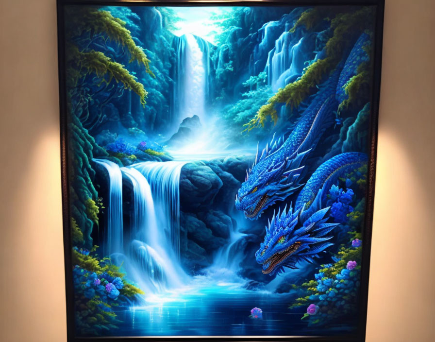 Fantasy painting of blue dragons by a waterfall