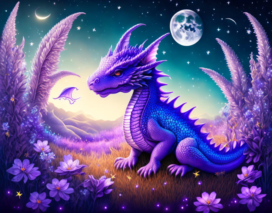 Purple dragon in mystical field under starry night sky