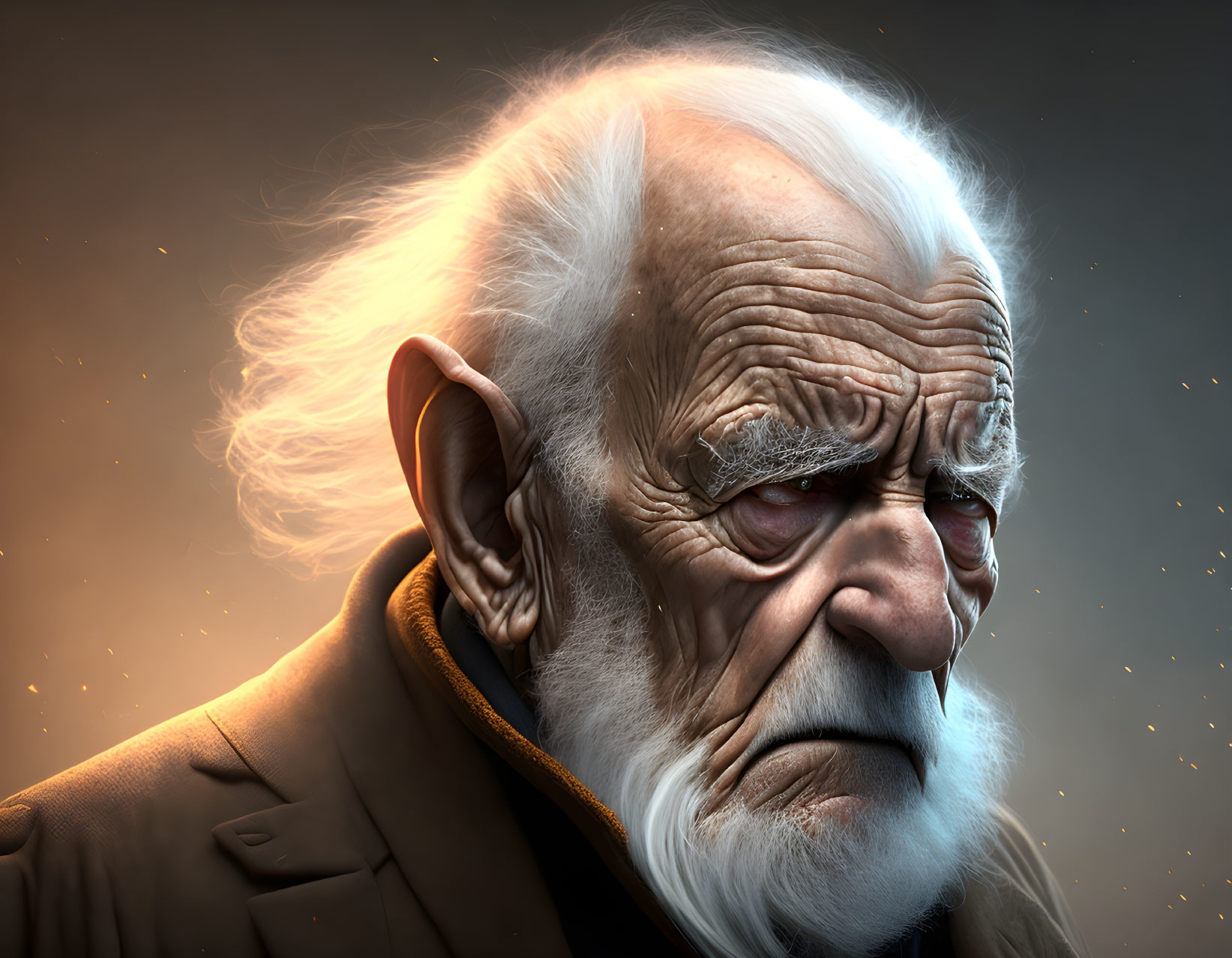 Elderly man portrait with deep wrinkles and white eyebrows