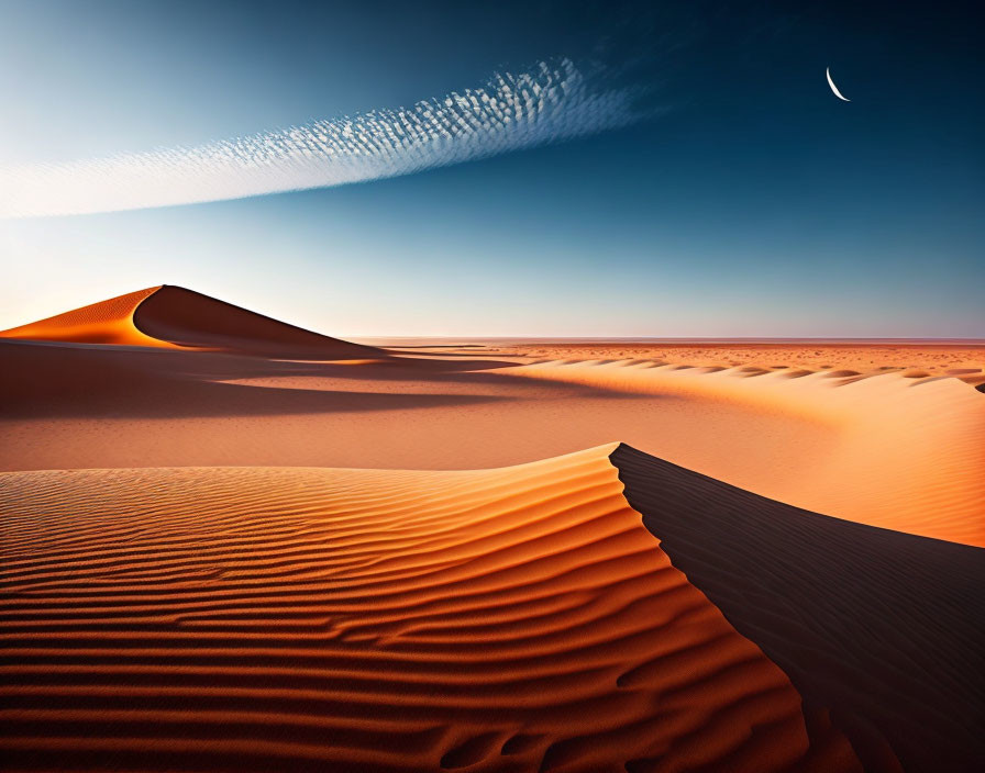 Tranquil desert landscape at twilight with sand dunes, textured foreground, cloud, crescent moon