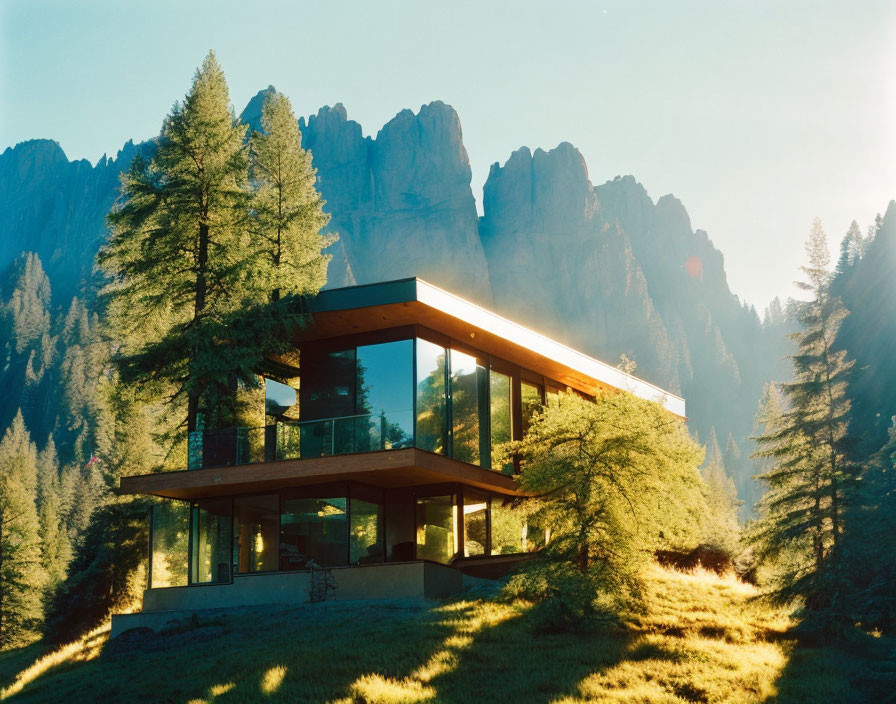 Glass House in Forest with Pine Trees and Mountain Peaks at Sunrise/Sunset