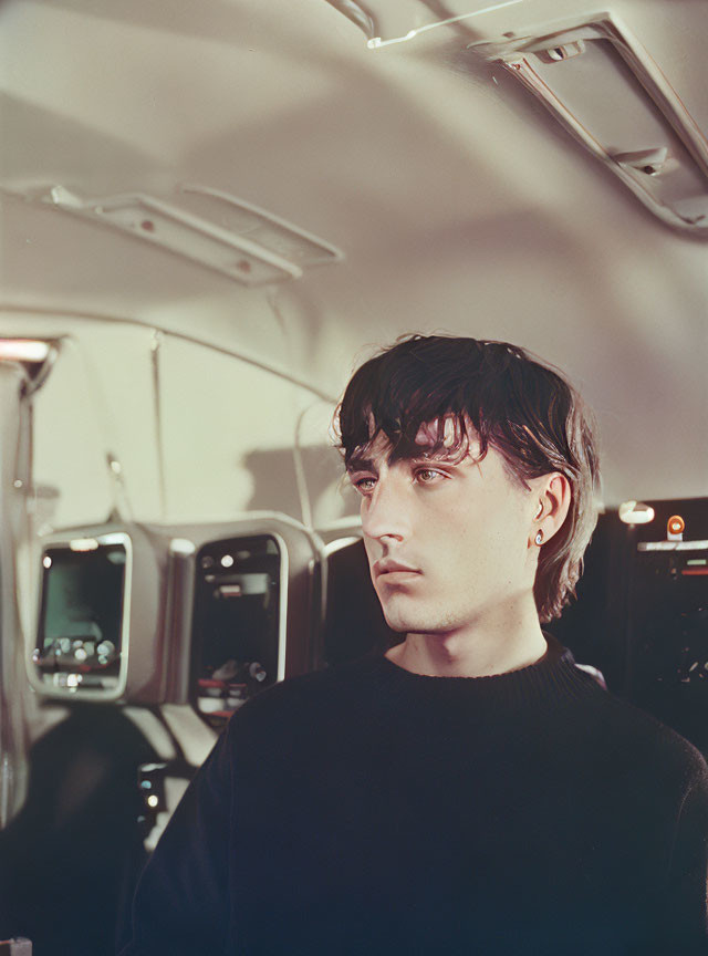 Dark-Haired Young Man Sitting in Vehicle Cabin with Overhead Compartments and Screens