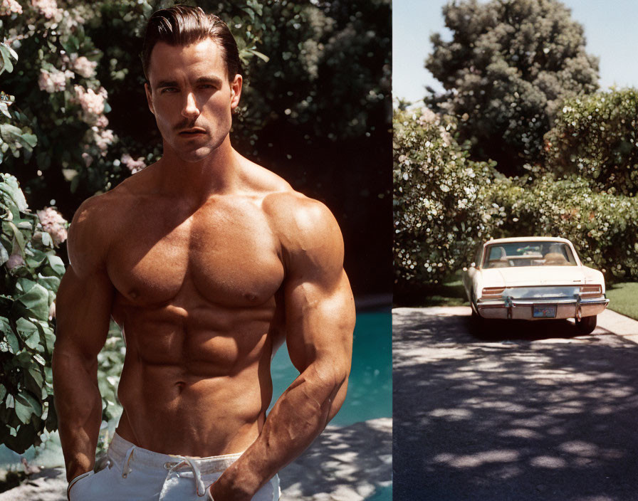 Muscular man posing by pool with classic car and lush greenery.