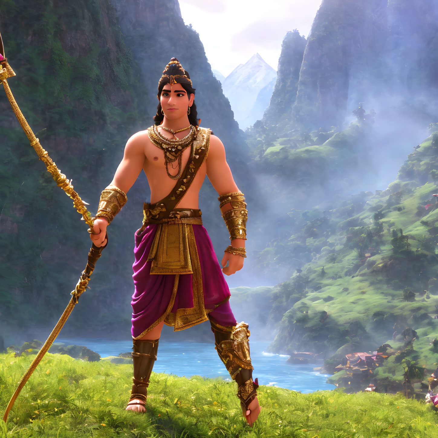 Animated warrior in traditional attire with bow against verdant cliffs and serene river