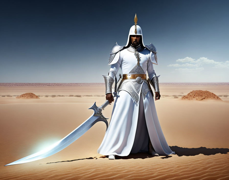 Ornate silver armor knight with unique sword in desert landscape