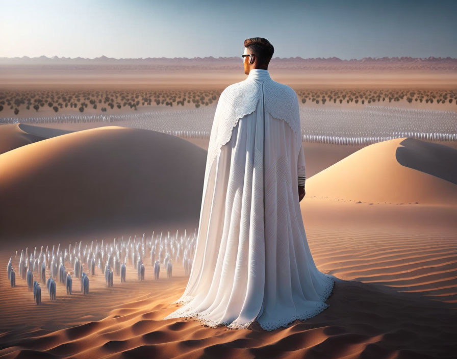 Person in White Cloak Overlooking Desert with Small Humanoid Figures