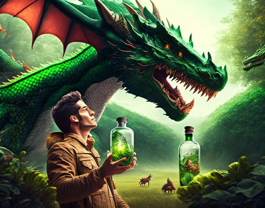 Man holding bottle with tiny dragon, large green dragon in lush forest