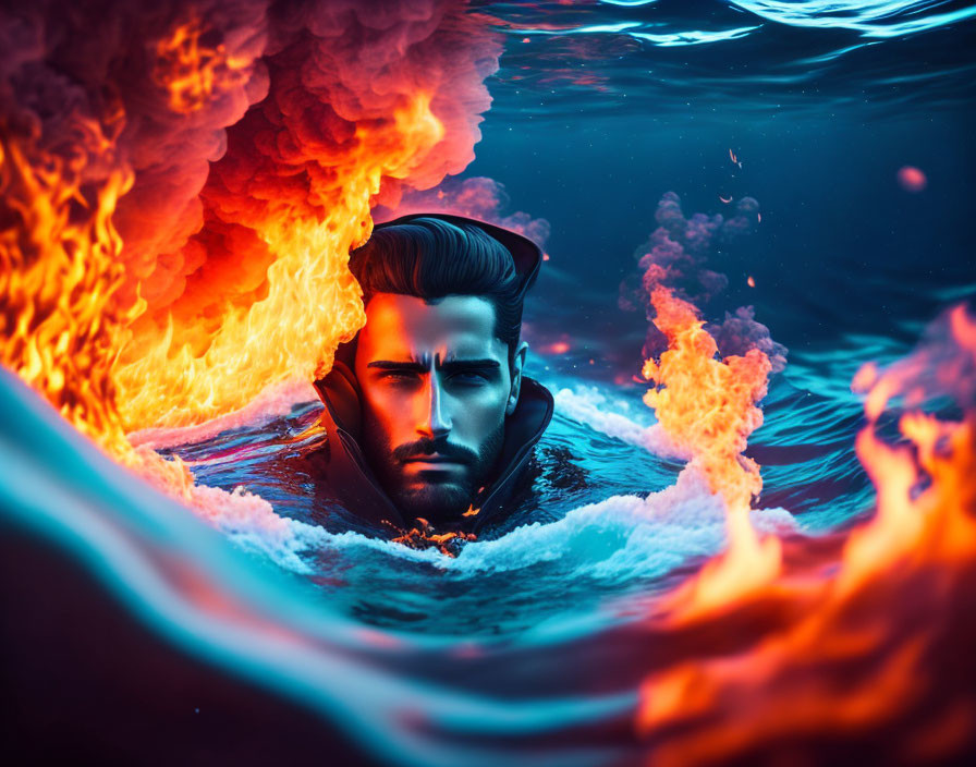 Artwork: Man's Face Emerges from Water with Intense Flames Background