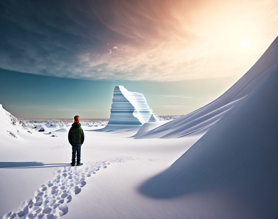 Snowy Landscape: Person Observing Ice Sculpture in Unique Winter Setting