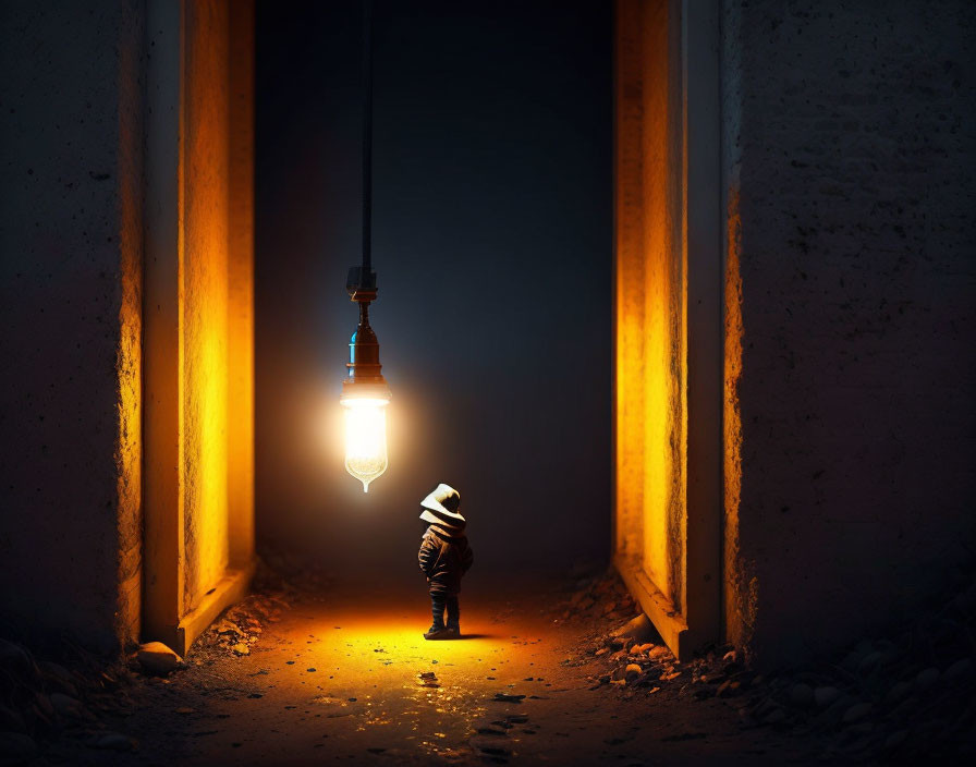 Miniature astronaut figurine under glowing light bulb in narrow, textured corridor