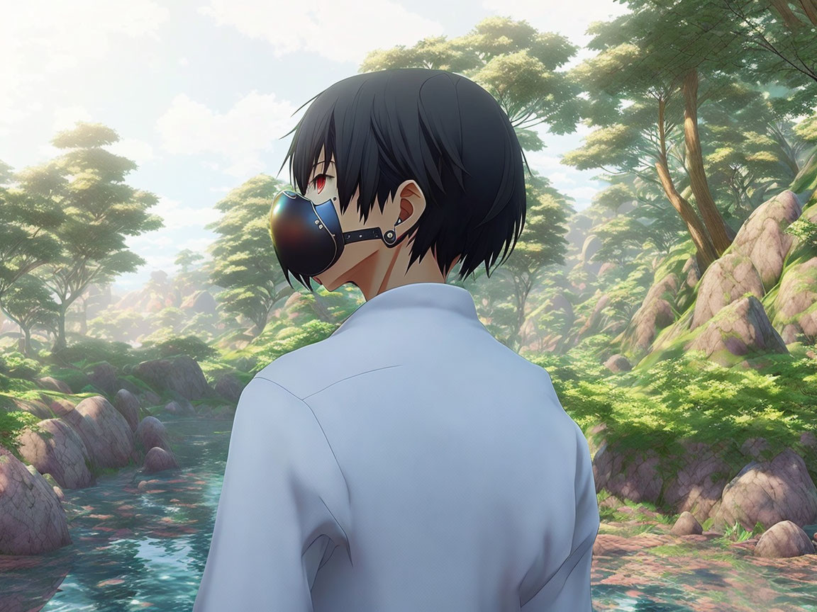 Anime character with black hair in gas mask in forest