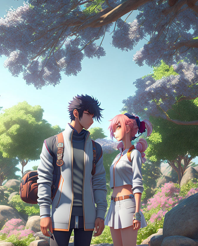 Animated characters under blooming trees: Male in blue jacket, female in white, sharing a serene moment