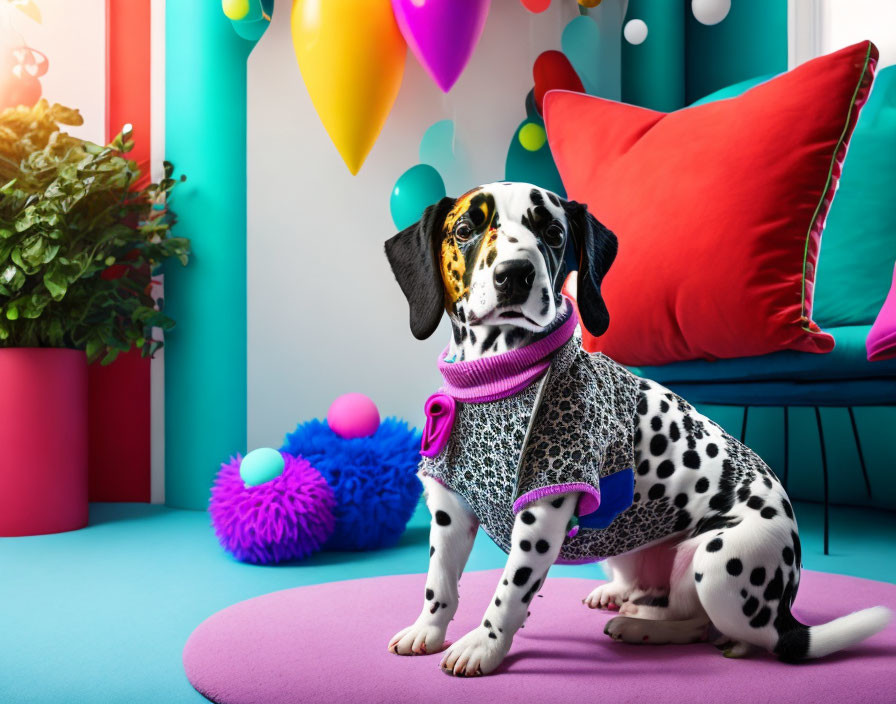 Dalmatian Dog in Stylish Scarf and Sunglasses in Colorful Room