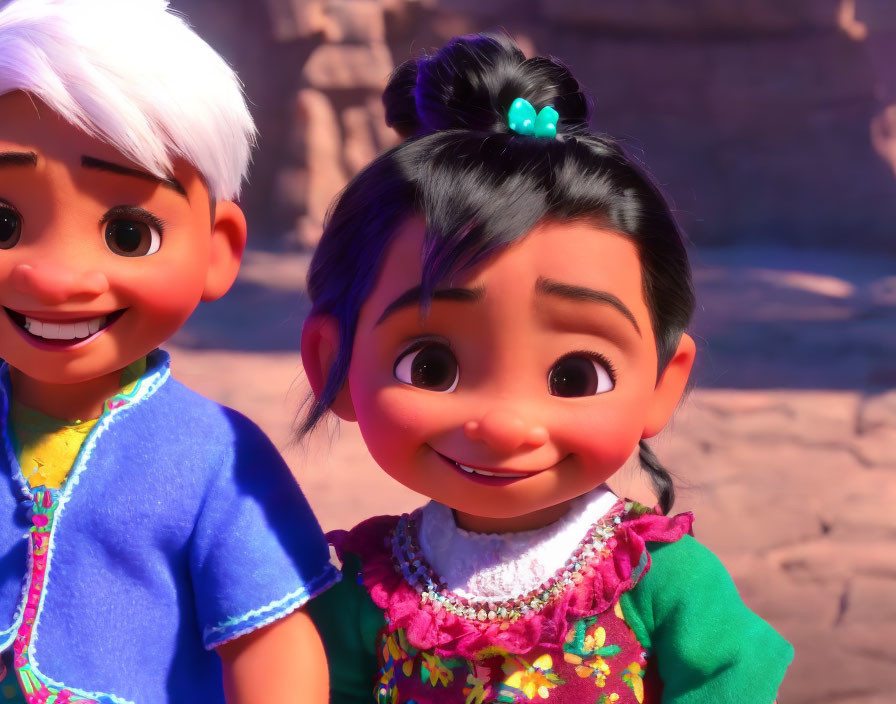 Animated characters smiling: girl in green blouse with floral patterns and boy in blue shirt