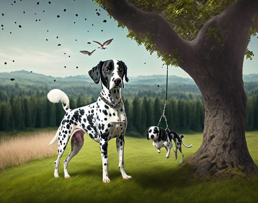 Dalmatian dog with smaller dog on swing in scenic landscape