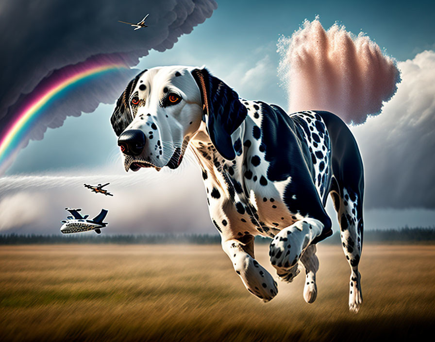 Dalmatian Running in Field with Rainbow and Airplanes