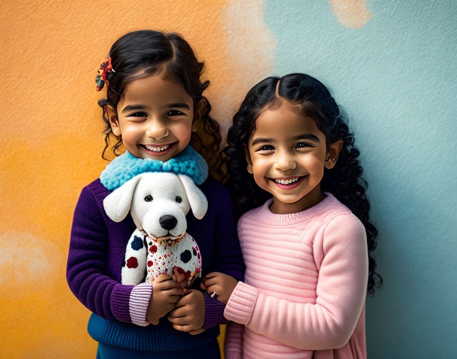 Smiling young girls with stuffed toy dog on colorful backdrop