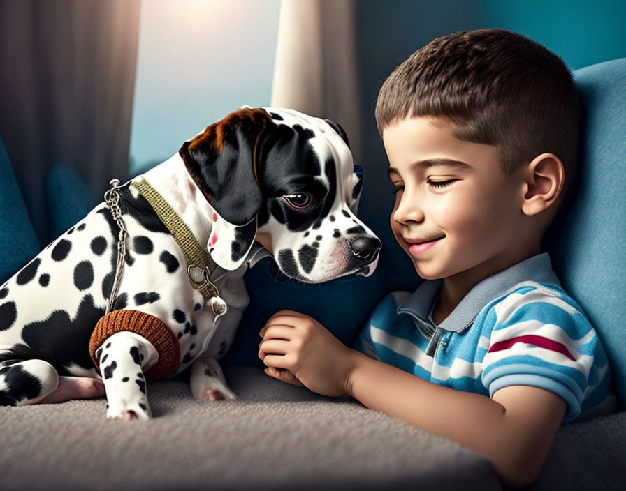 Young boy with Dalmatian dog on blue couch