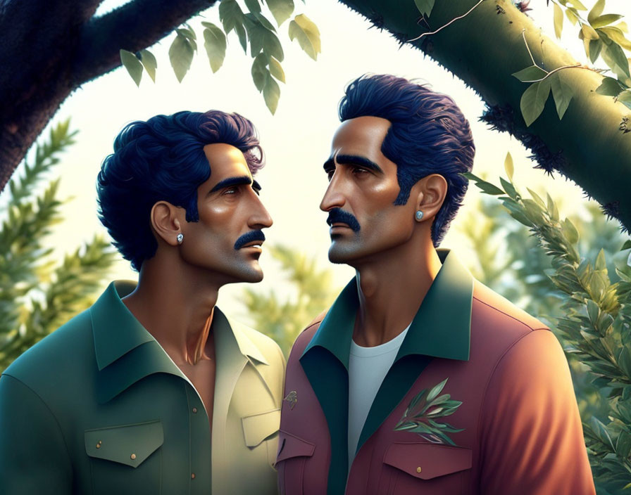 Stylized male characters with mustaches under a tree profile view