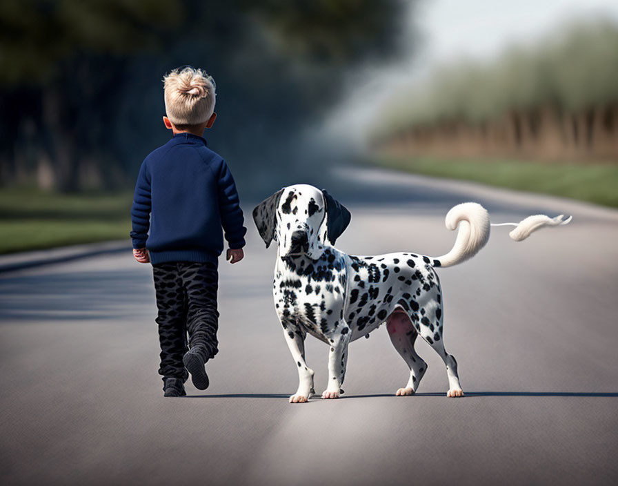 Blond Child Walking with Dalmatian Dog Outdoors