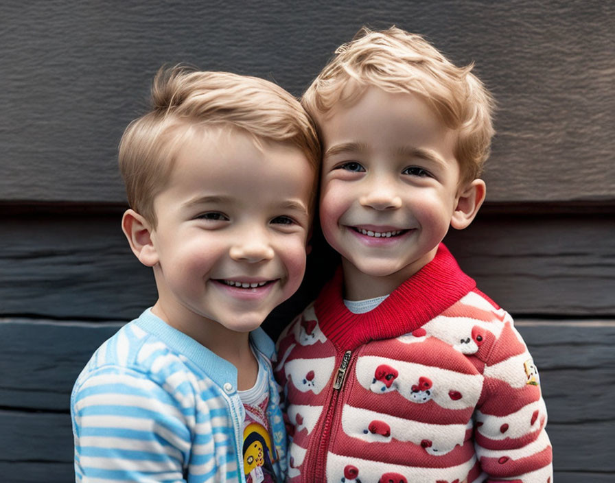 Two young boys with light hair, one in blue shirt, the other in cherry-patterned red sweater