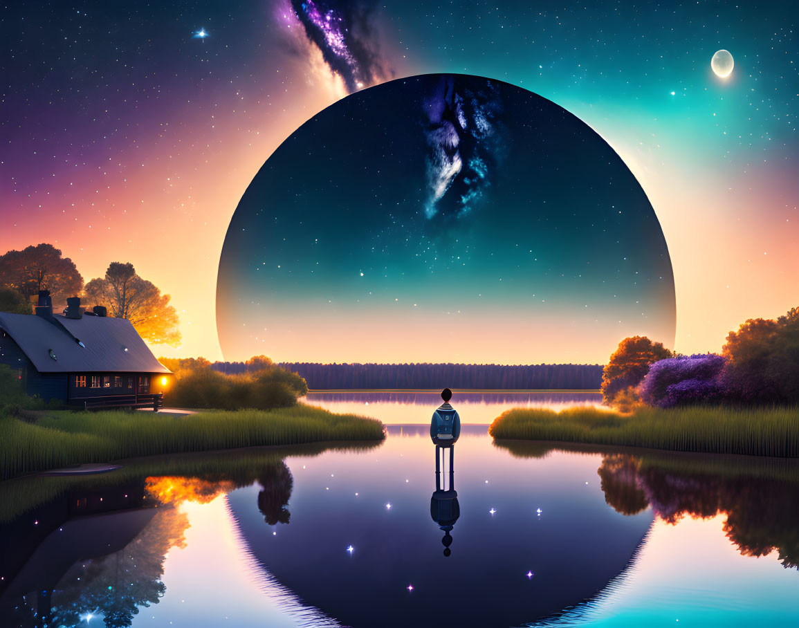 Twilight lakeside scene with cosmic portal and person on dock