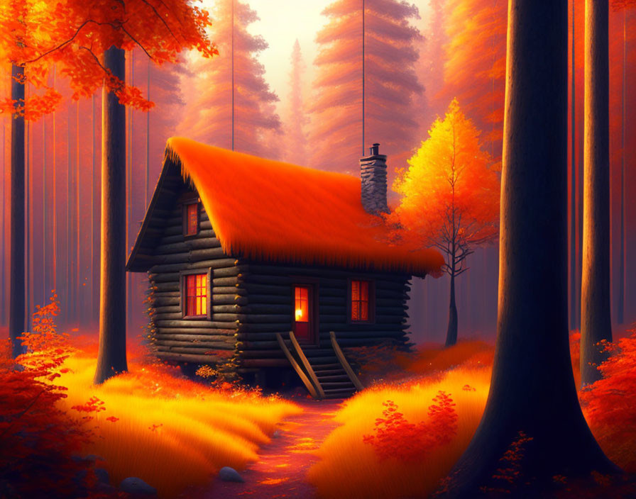 Rustic wooden cabin in autumn forest with orange roof