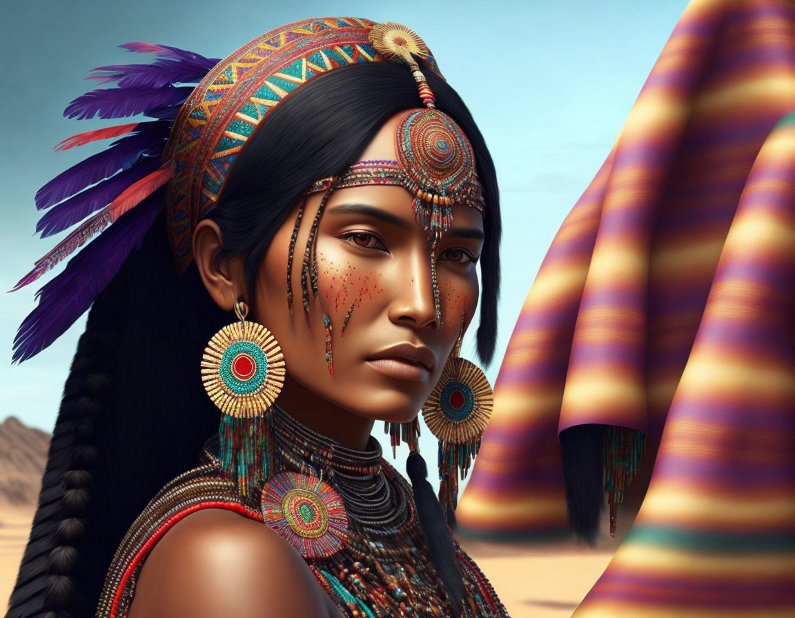 Colorful Native American headdress portrait with desert backdrop