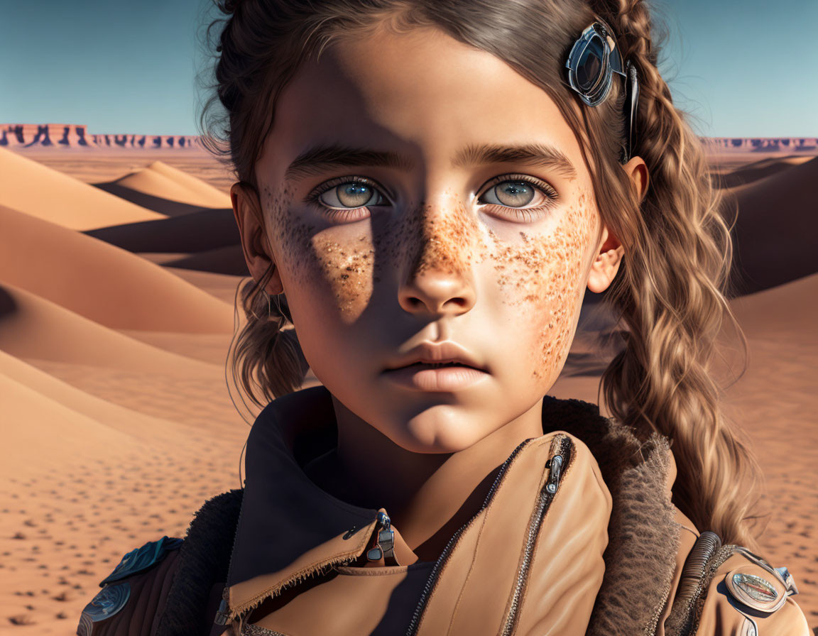 Digital artwork: Young girl with freckles, expressive eyes, futuristic headset, desert dunes.