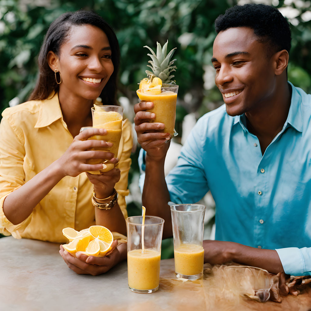 Two People Toasting with Orange Smoothies and Citrus Fruit Slices