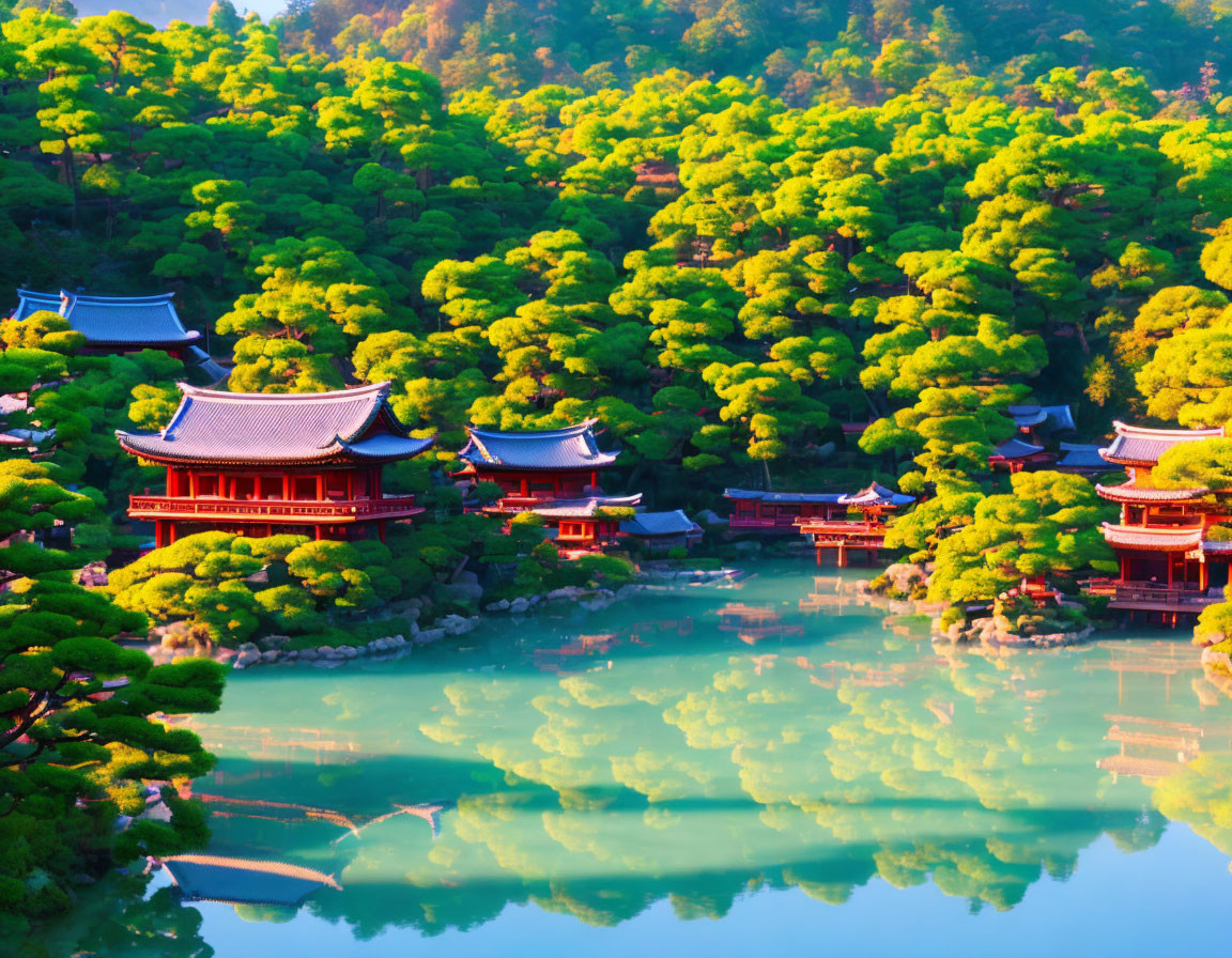 Red Japanese Buildings Surrounded by Green Trees at Sunset