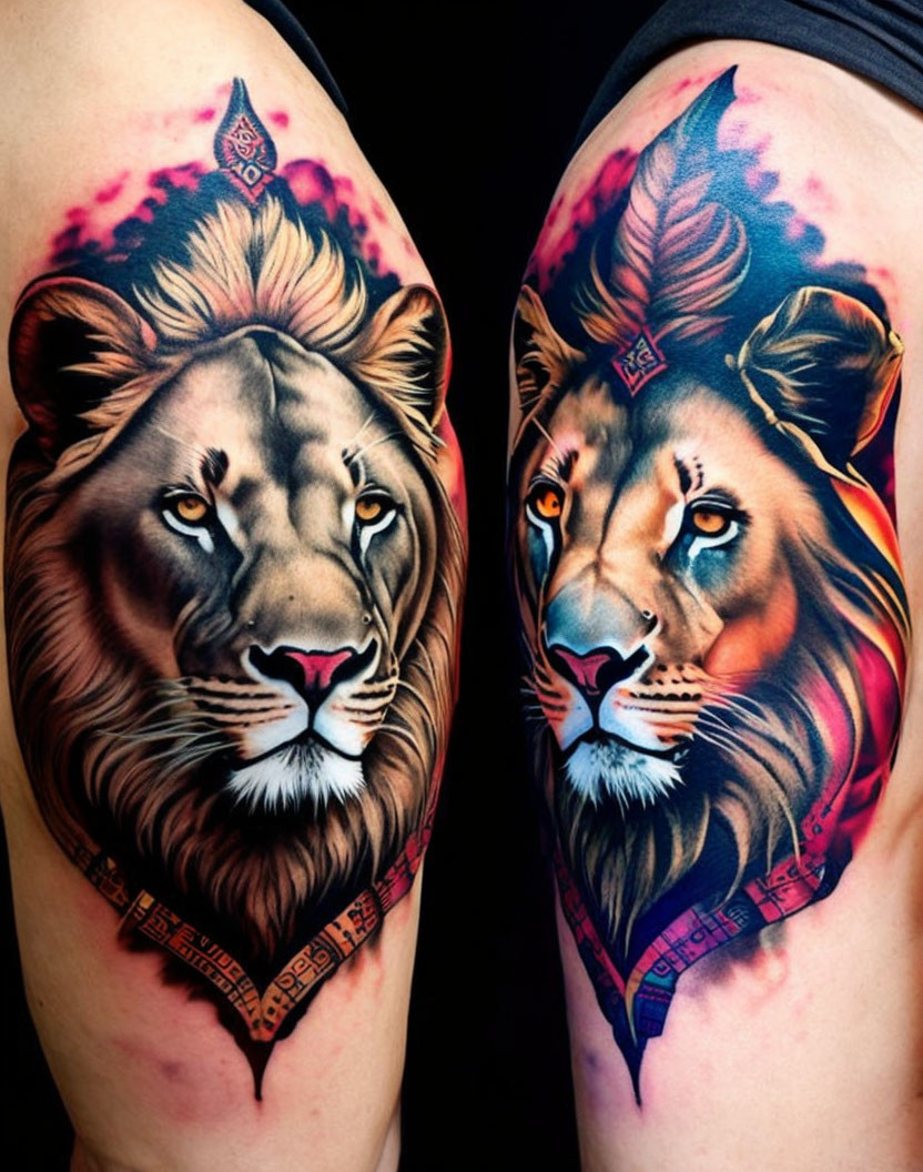 Dual lion head tattoos with colorful manes and tribal patterns on arms.