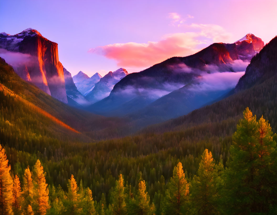 Majestic mountain landscape at sunrise with warm light on peaks and misty valley