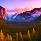 Majestic mountain landscape at sunrise with warm light on peaks and misty valley