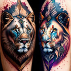 Dual lion head tattoos with colorful manes and tribal patterns on arms.