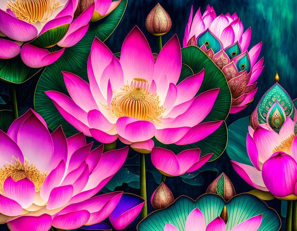 Pink lotus flowers with golden details on dark water surface, peacock feather in background.