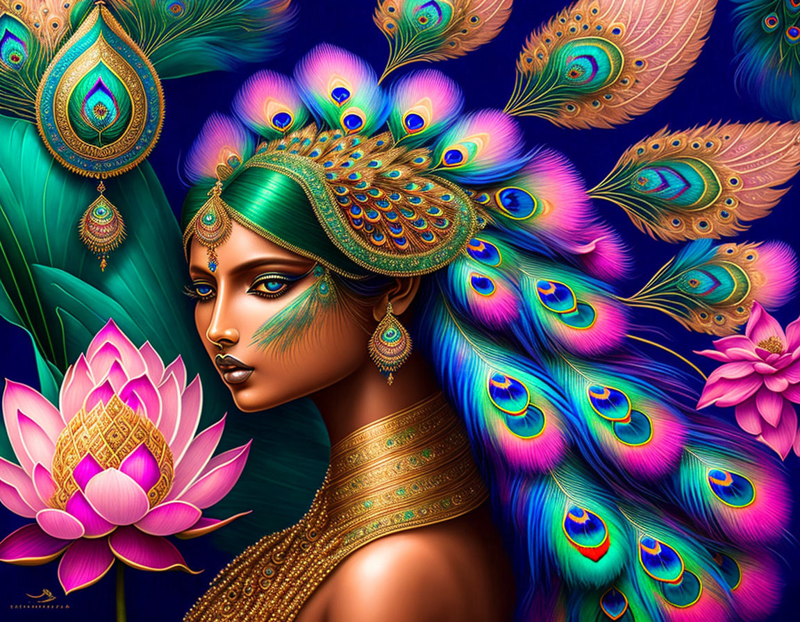 Colorful artwork: woman in peacock feather headdress beside pink lotus on deep blue background