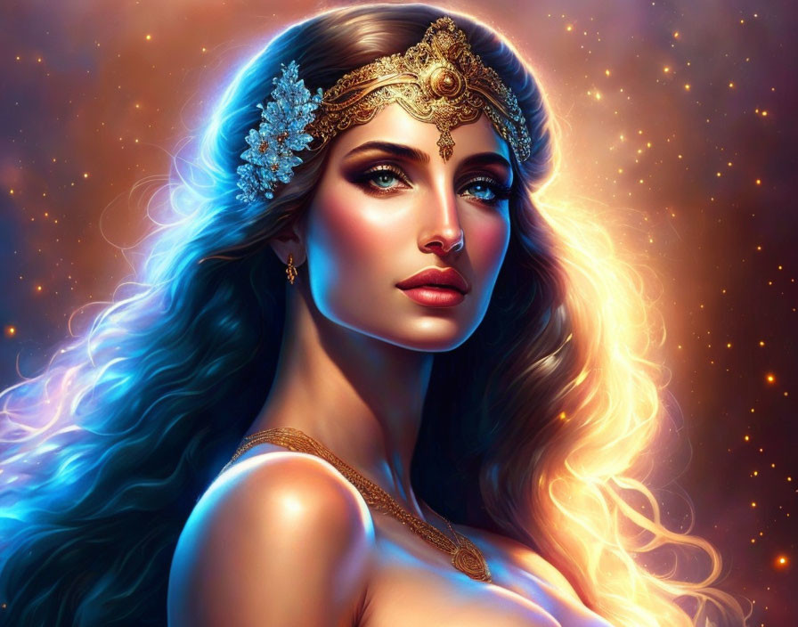 Golden Headdress Woman in Digital Art with Glowing Skin & Flowing Hair