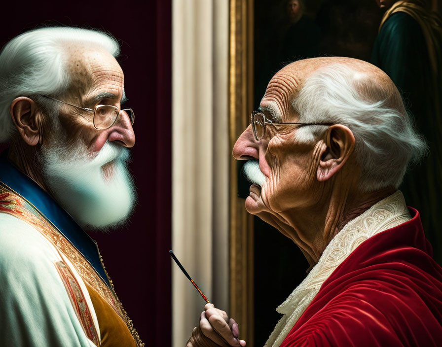 Elderly men with white beards in red cardinal attire face off in intense atmosphere