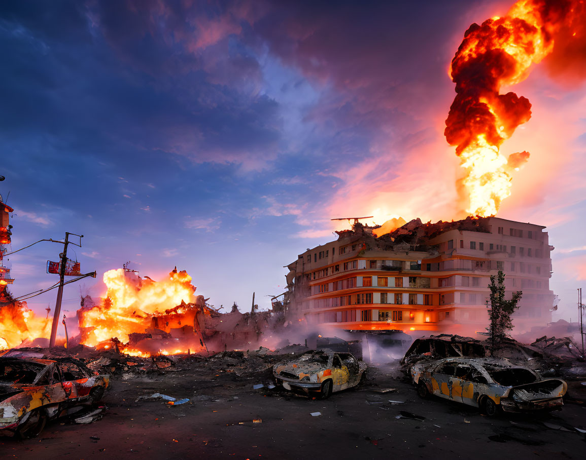 Dramatic sunset sky over large building on fire with wrecked cars & intense flames