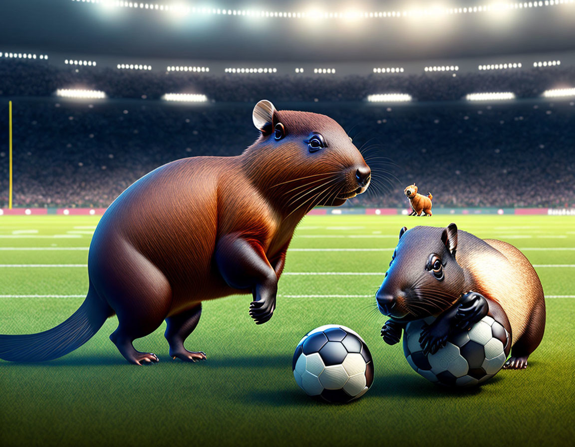 Animated beavers playing soccer on a night field