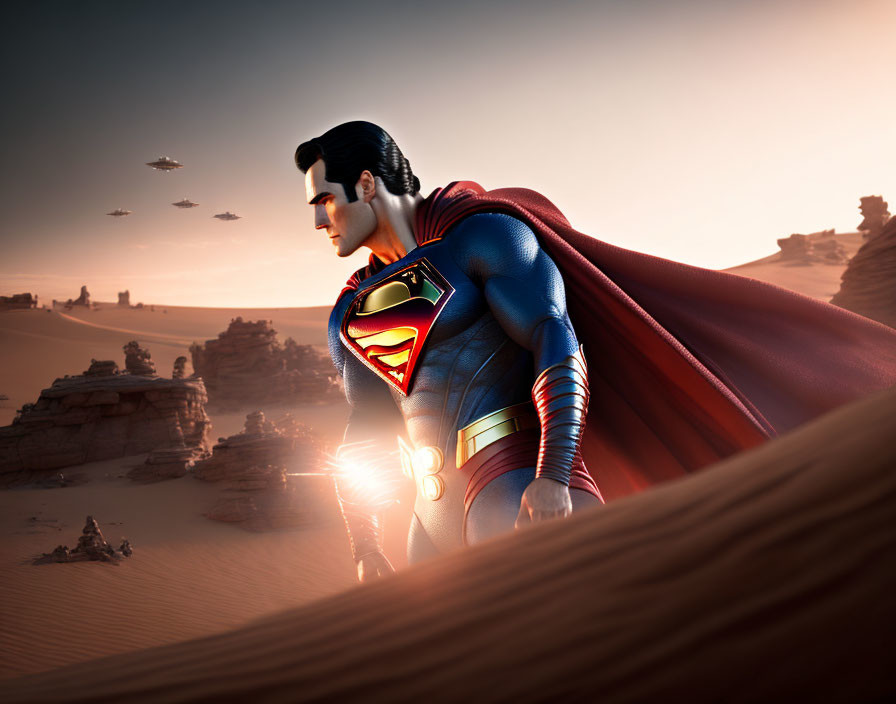 Superman in desert with cape fluttering, gazing at flying objects