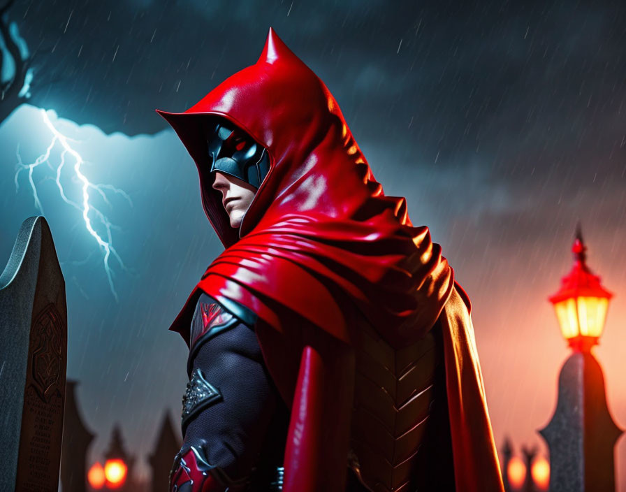 Mysterious cloaked figure in red hood under stormy sky