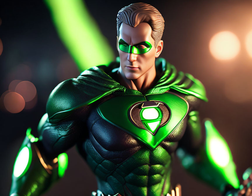 Green Lantern action figure with illuminated green eyes and power ring on dark backdrop.