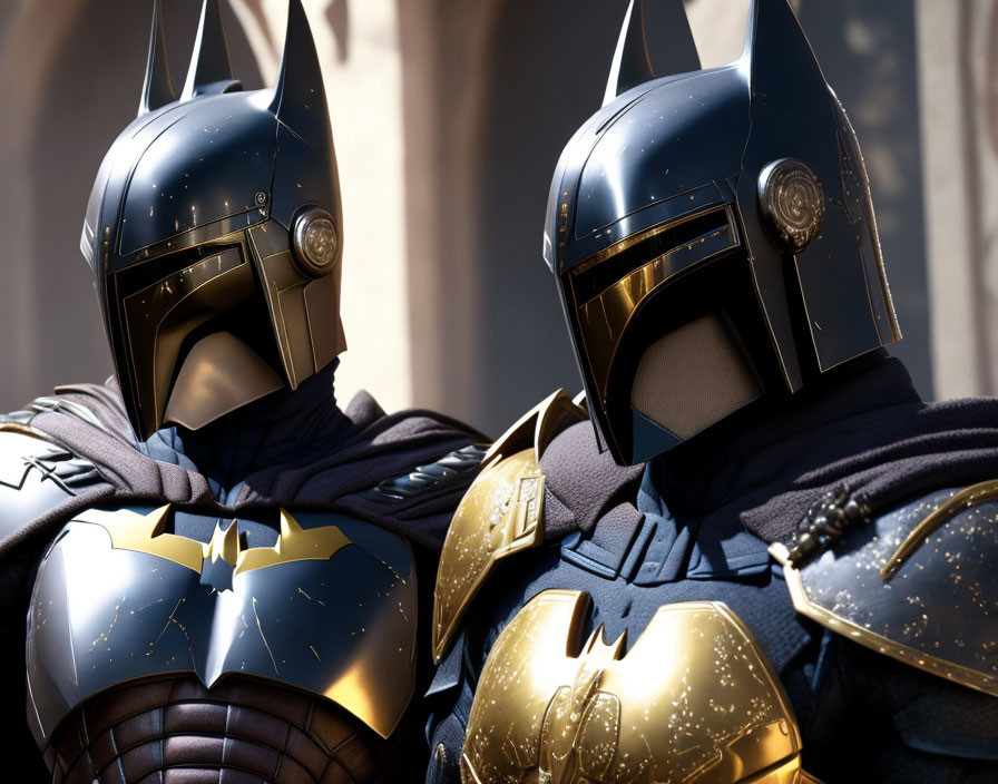 Modern Batman Costumes with Metallic Finish and Iconic Bat Emblem