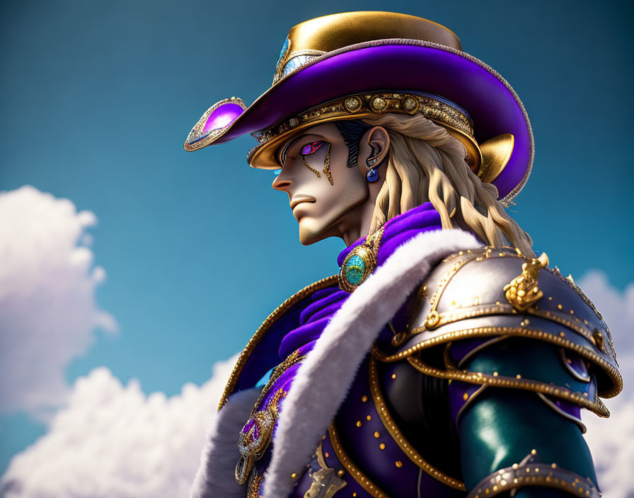 Regal figure in purple and gold attire against blue sky and clouds