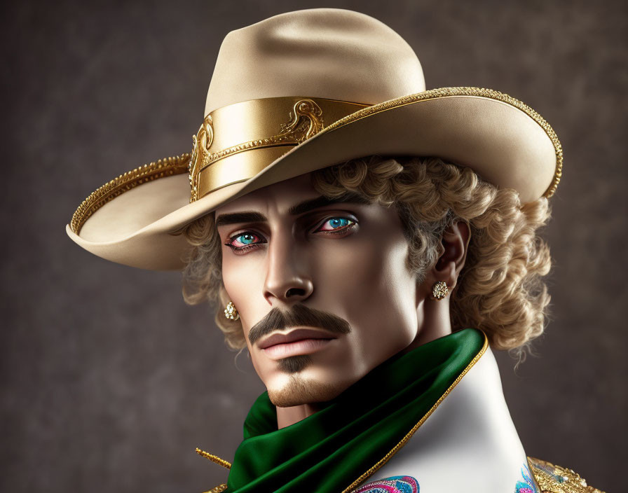 Man with Blue Eyes in Cowboy Hat and Green Scarf Portrait