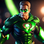 Green Lantern action figure with illuminated green eyes and power ring on dark backdrop.