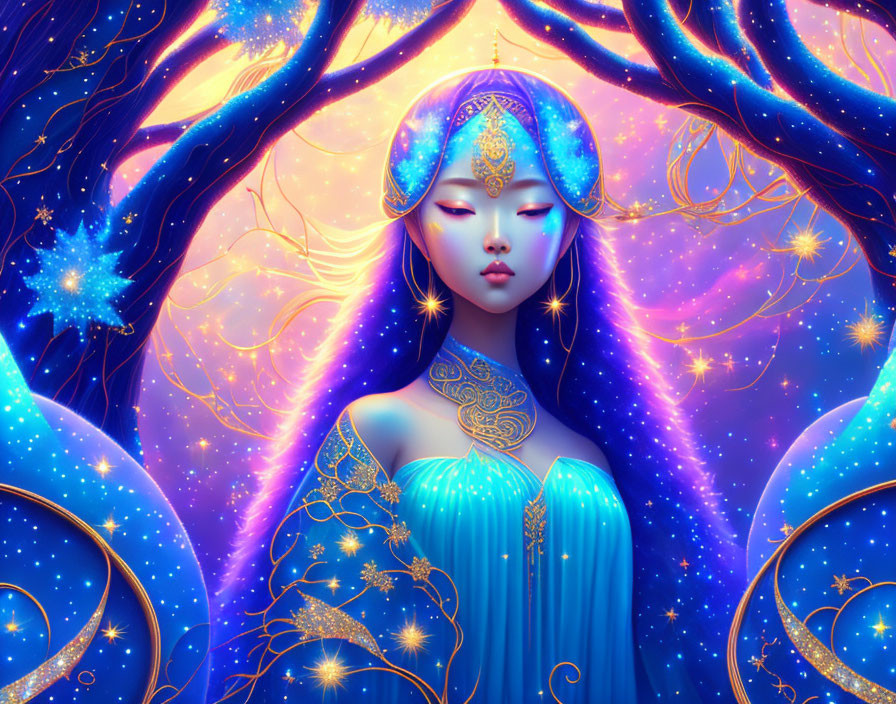 Blue-skinned animated woman in opulent gold adornments with starry background and mystical trees.