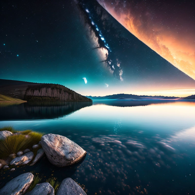 Tranquil lakeside scenery at twilight with starry sky and Milky Way reflected on water.